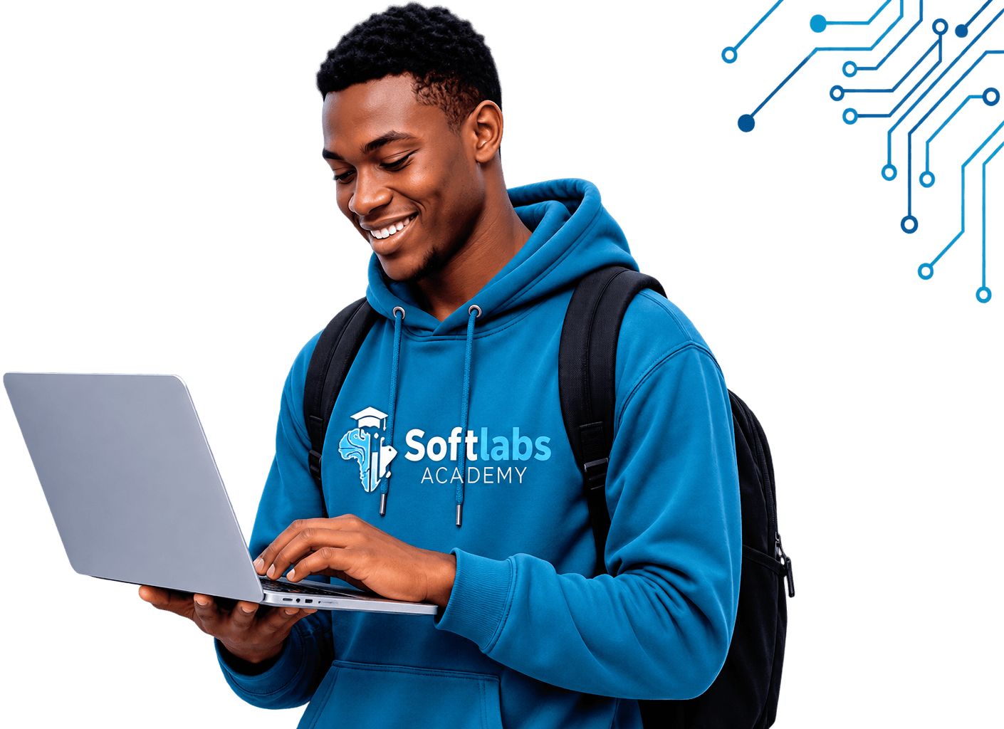 Softlabs Academy student learning with a laptop